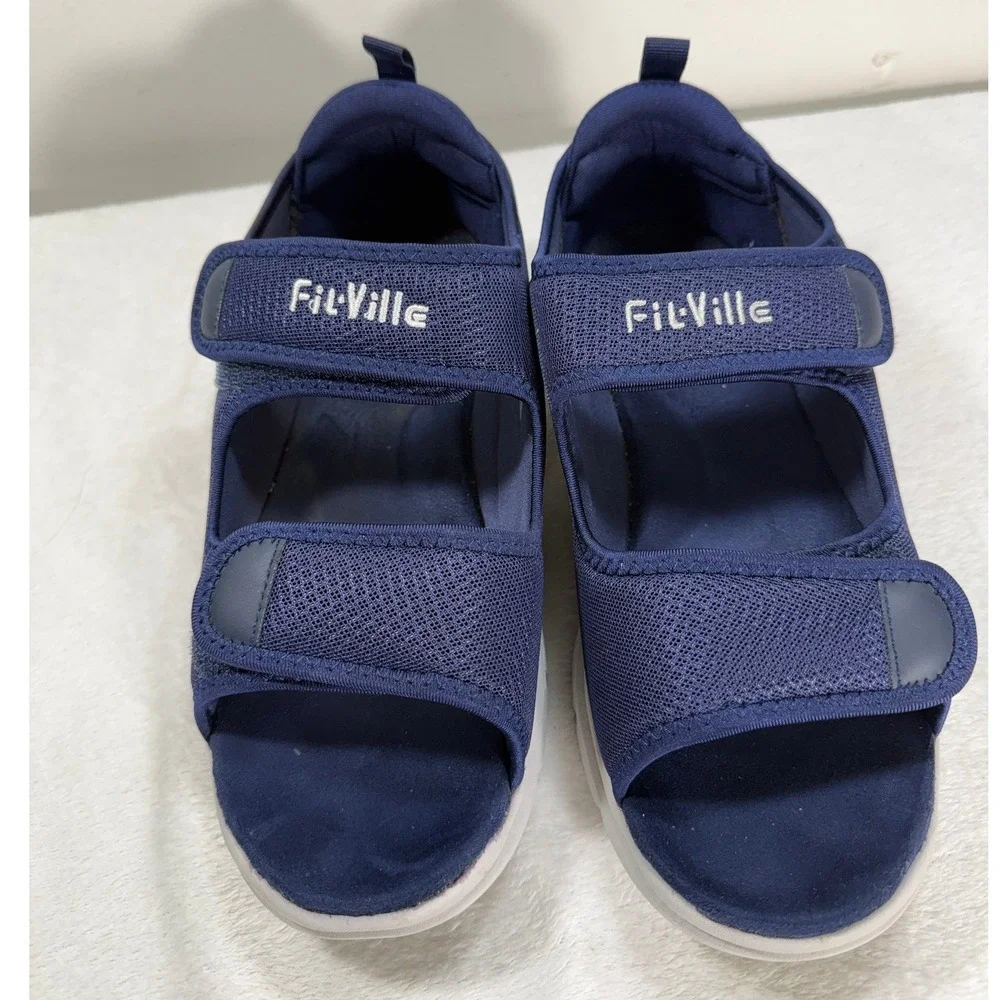 FitVille Mens 9.5 Diabetic Marca Sandals Blue Adjustable Mesh Comfort Shoes